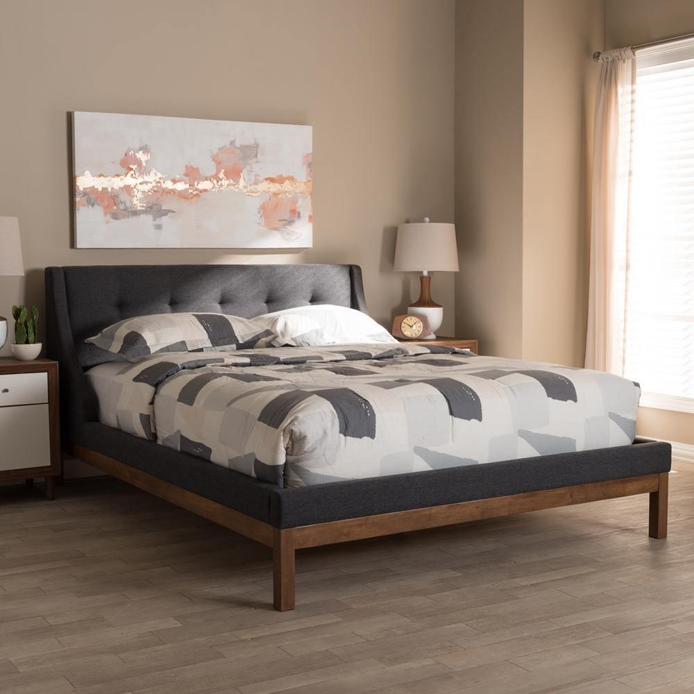 Louvain Modern and Contemporary Dark Grey Fabric Upholstered Walnut-Finished Queen Sized Platform Bed FredCo
