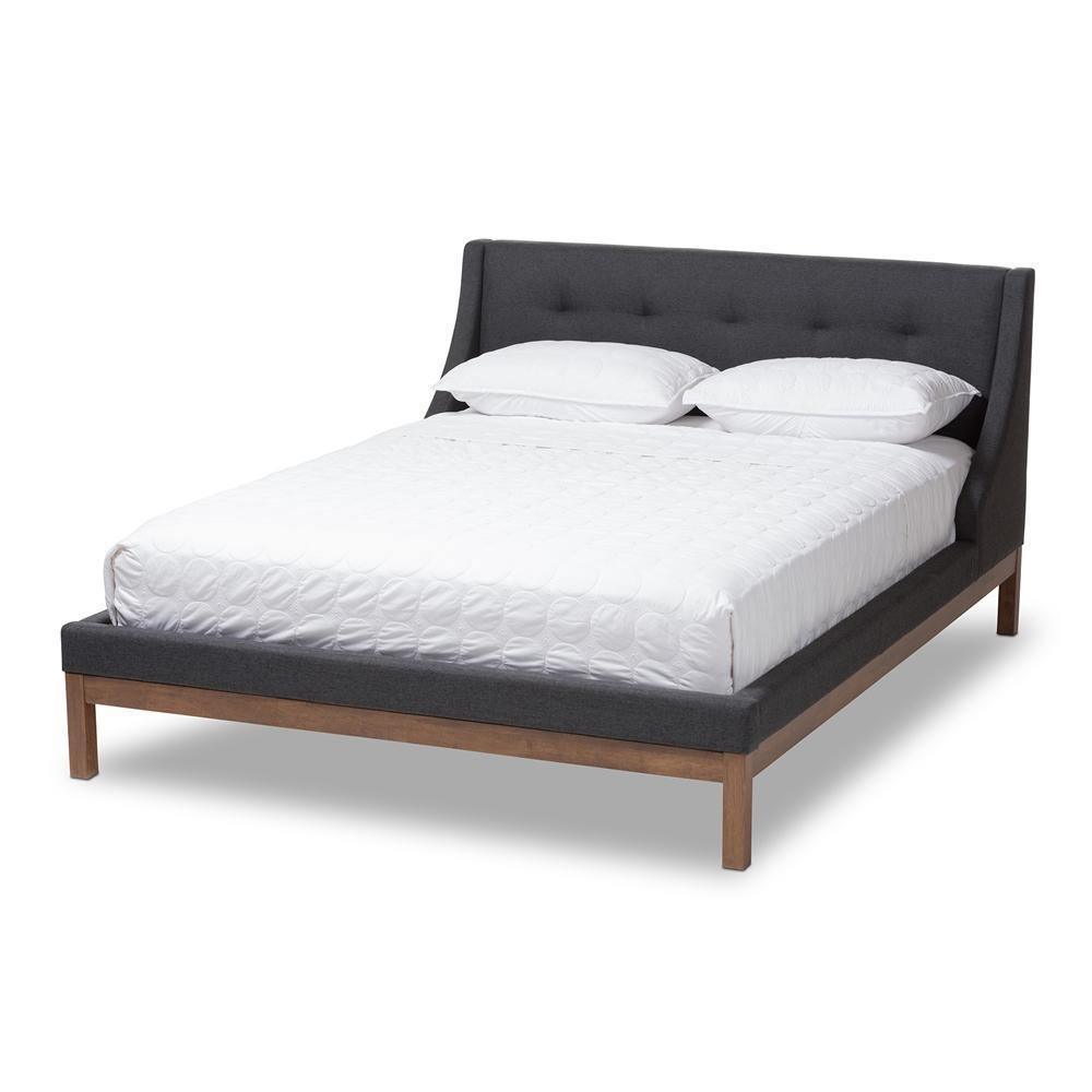 Louvain Modern and Contemporary Dark Grey Fabric Upholstered Walnut-Finished Queen Sized Platform Bed FredCo