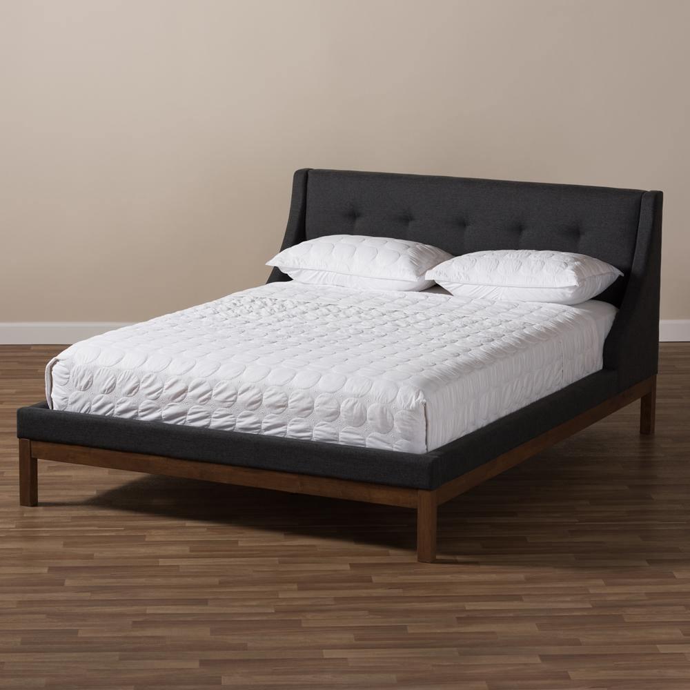 Louvain Modern and Contemporary Dark Grey Fabric Upholstered Walnut-Finished Queen Sized Platform Bed FredCo