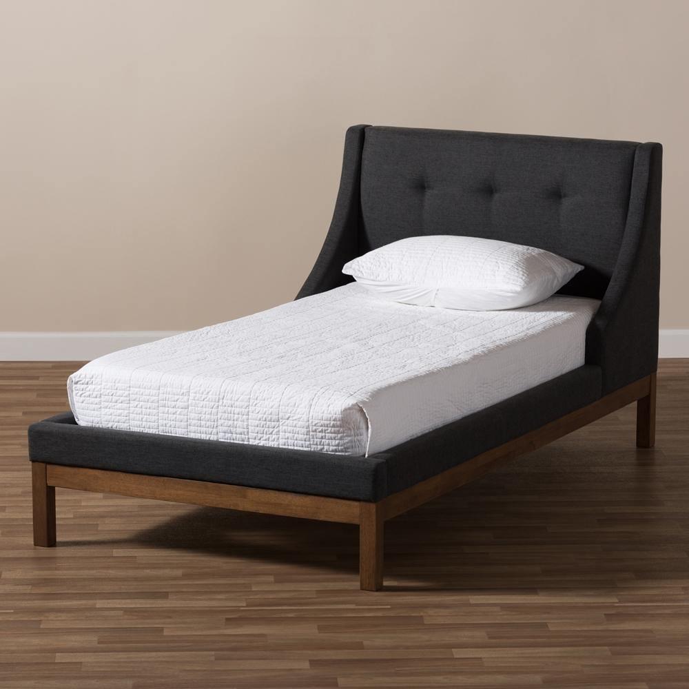 Louvain Modern and Contemporary Dark Grey Fabric Upholstered Walnut-Finished Twin Sized Platform Bed FredCo