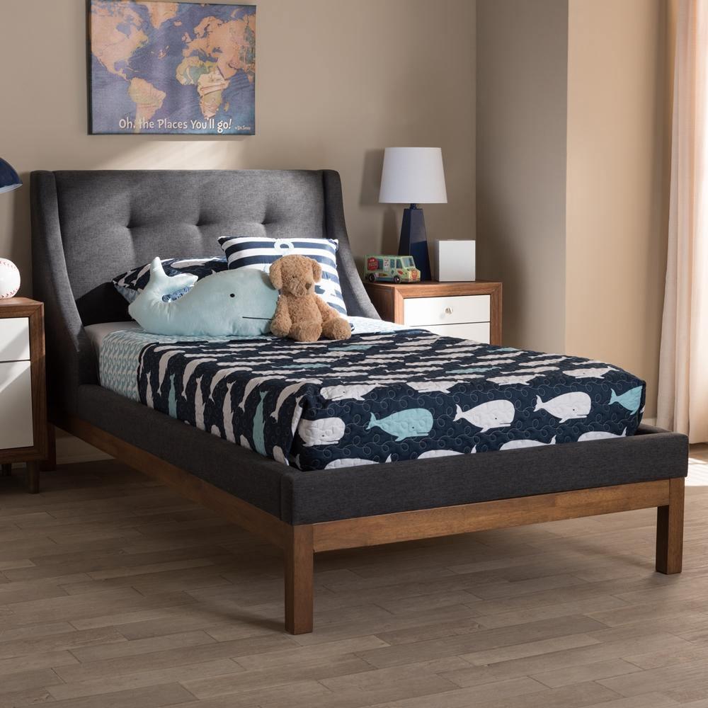 Louvain Modern and Contemporary Dark Grey Fabric Upholstered Walnut-Finished Twin Sized Platform Bed FredCo