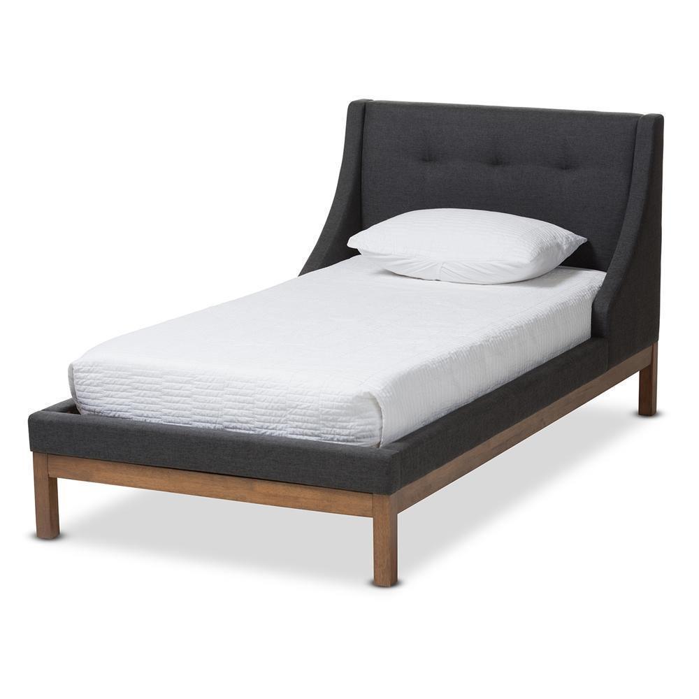 Louvain Modern and Contemporary Dark Grey Fabric Upholstered Walnut-Finished Twin Sized Platform Bed FredCo
