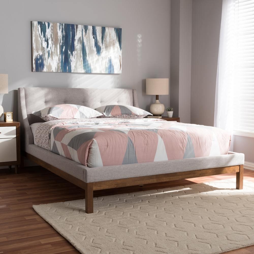 Louvain Modern and Contemporary Greyish Beige Fabric Upholstered Walnut-Finished Full Sized Platform Bed FredCo