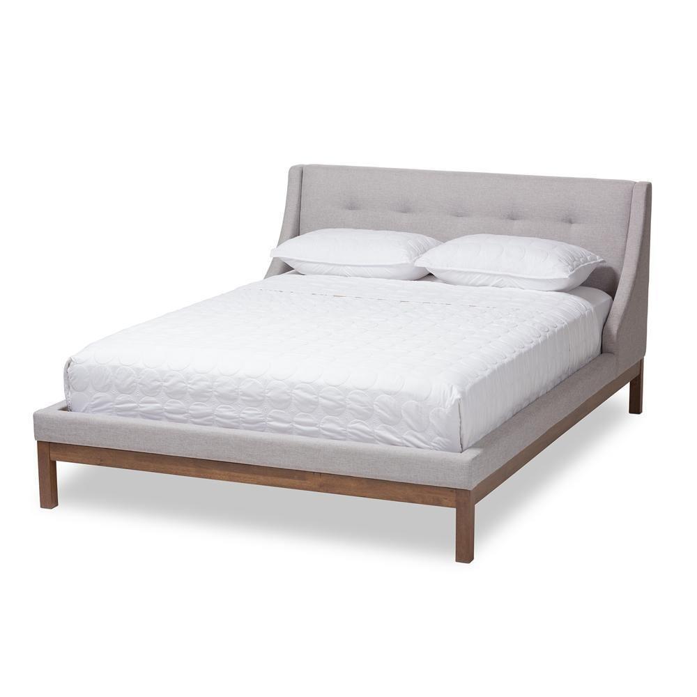 Louvain Modern and Contemporary Greyish Beige Fabric Upholstered Walnut-Finished Full Sized Platform Bed FredCo
