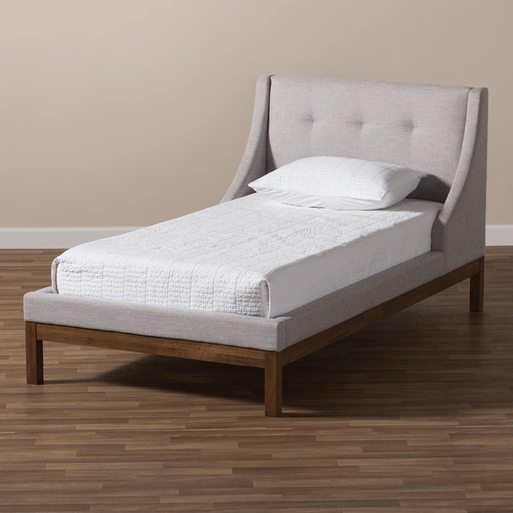 Louvain Modern and Contemporary Greyish Beige Fabric Upholstered Walnut-Finished Twin Sized Platform Bed FredCo