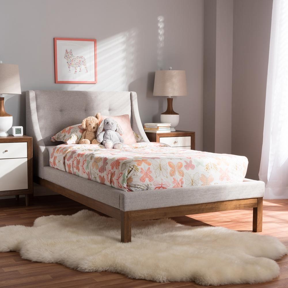Louvain Modern and Contemporary Greyish Beige Fabric Upholstered Walnut-Finished Twin Sized Platform Bed FredCo