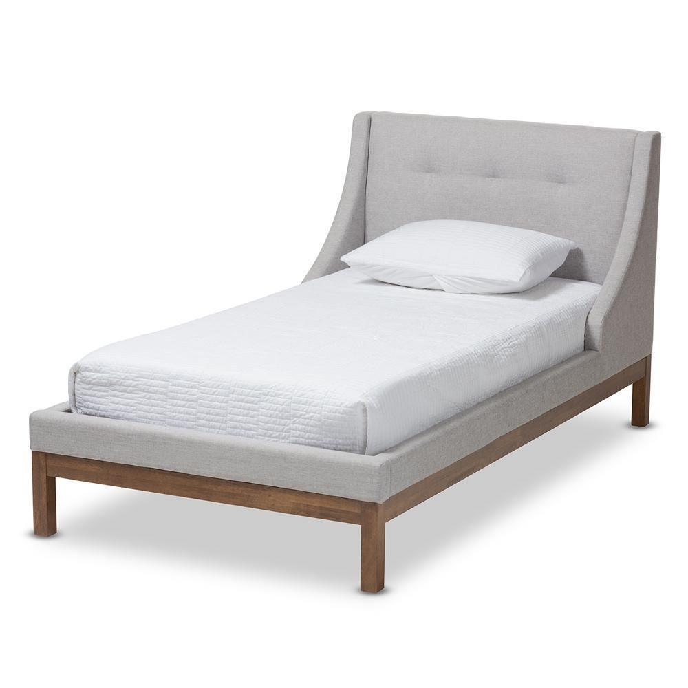 Louvain Modern and Contemporary Greyish Beige Fabric Upholstered Walnut-Finished Twin Sized Platform Bed FredCo