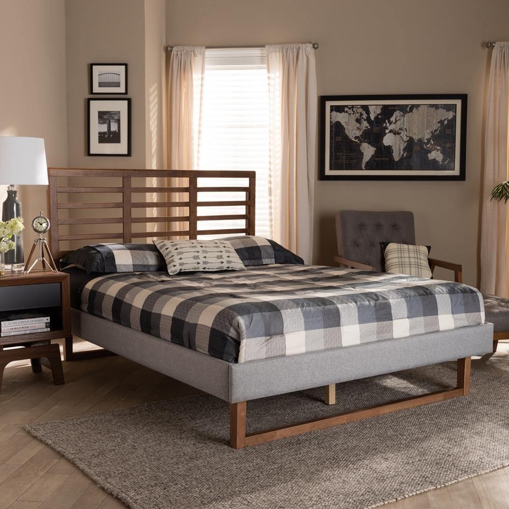 Luciana Modern and Contemporary Light Grey Fabric Upholstered and Ash Walnut Brown Finished Wood Full Size Platform Bed FredCo