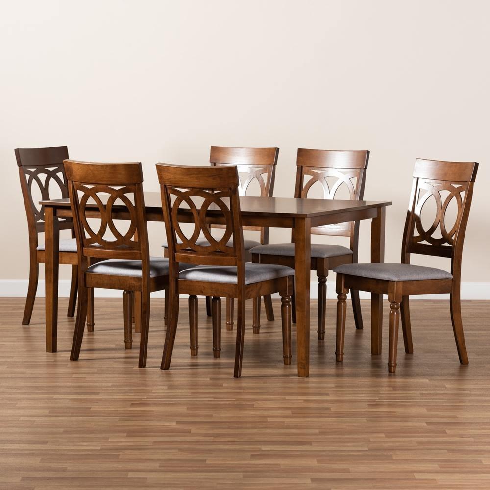 Lucie Modern and Contemporary Grey Fabric Upholstered and Walnut Brown Finished Wood 7-Piece Dining Set FredCo