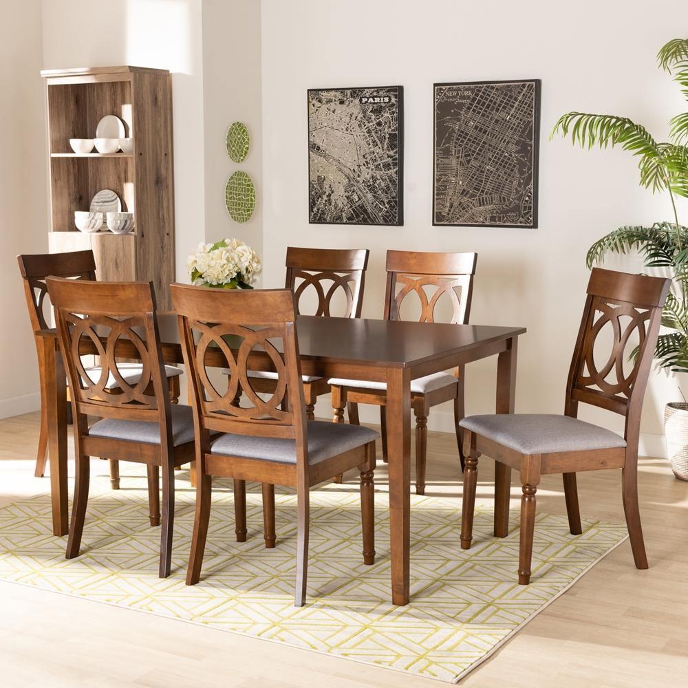 Lucie Modern and Contemporary Grey Fabric Upholstered and Walnut Brown Finished Wood 7-Piece Dining Set FredCo