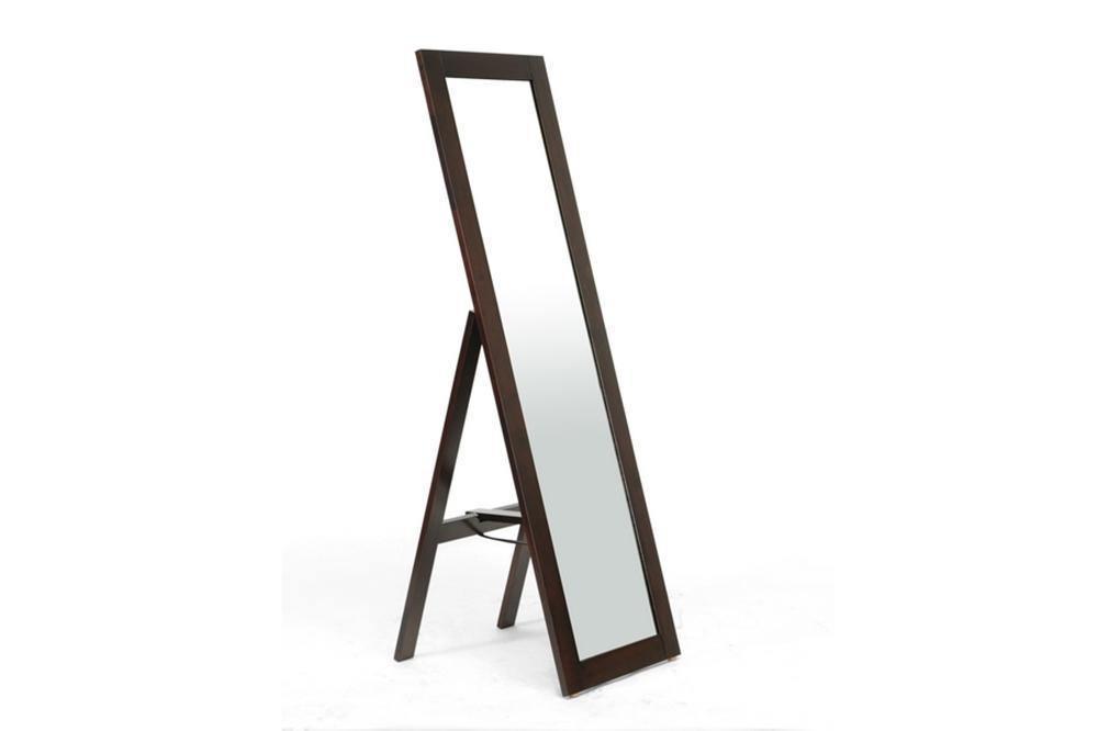 Lund Dark Brown Wood Modern Mirror with Built-In Stand FredCo