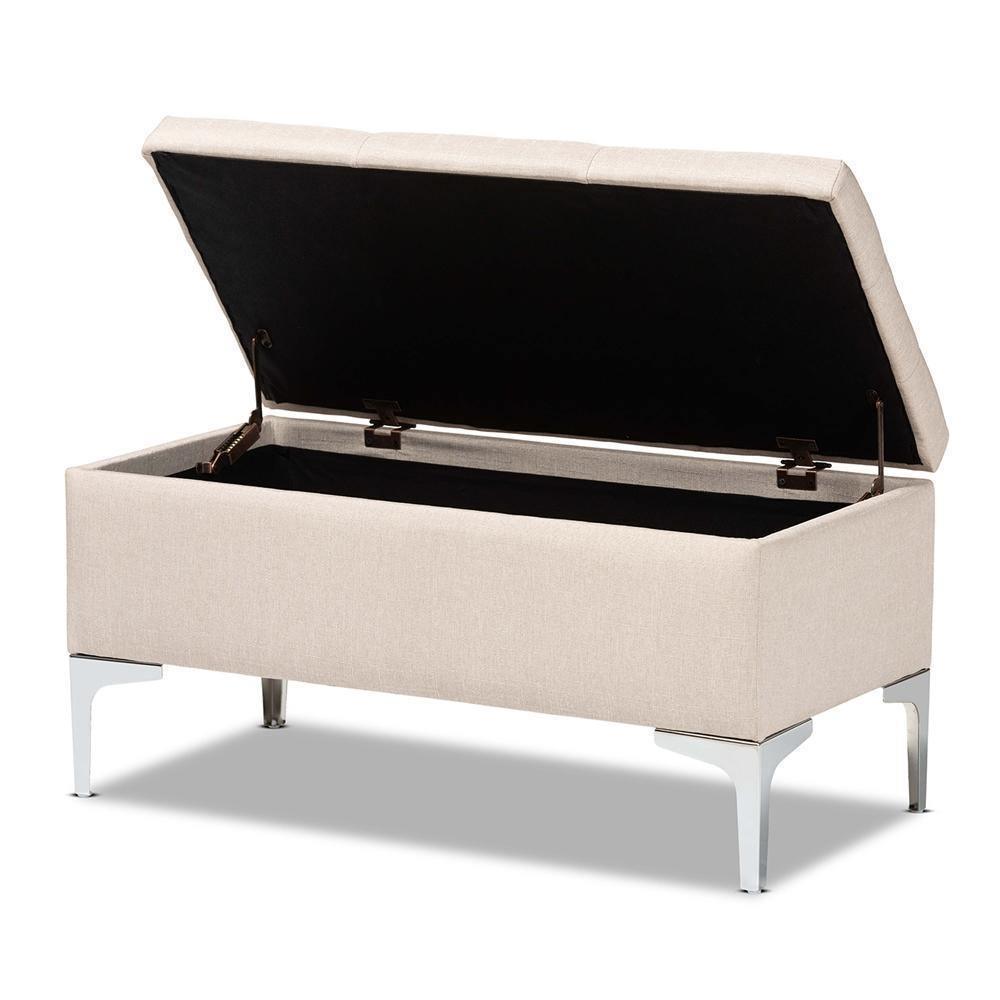 Mabel Modern and Contemporary Transitional Beige Fabric Upholstered and Silver Finished Metal Storage Ottoman FredCo