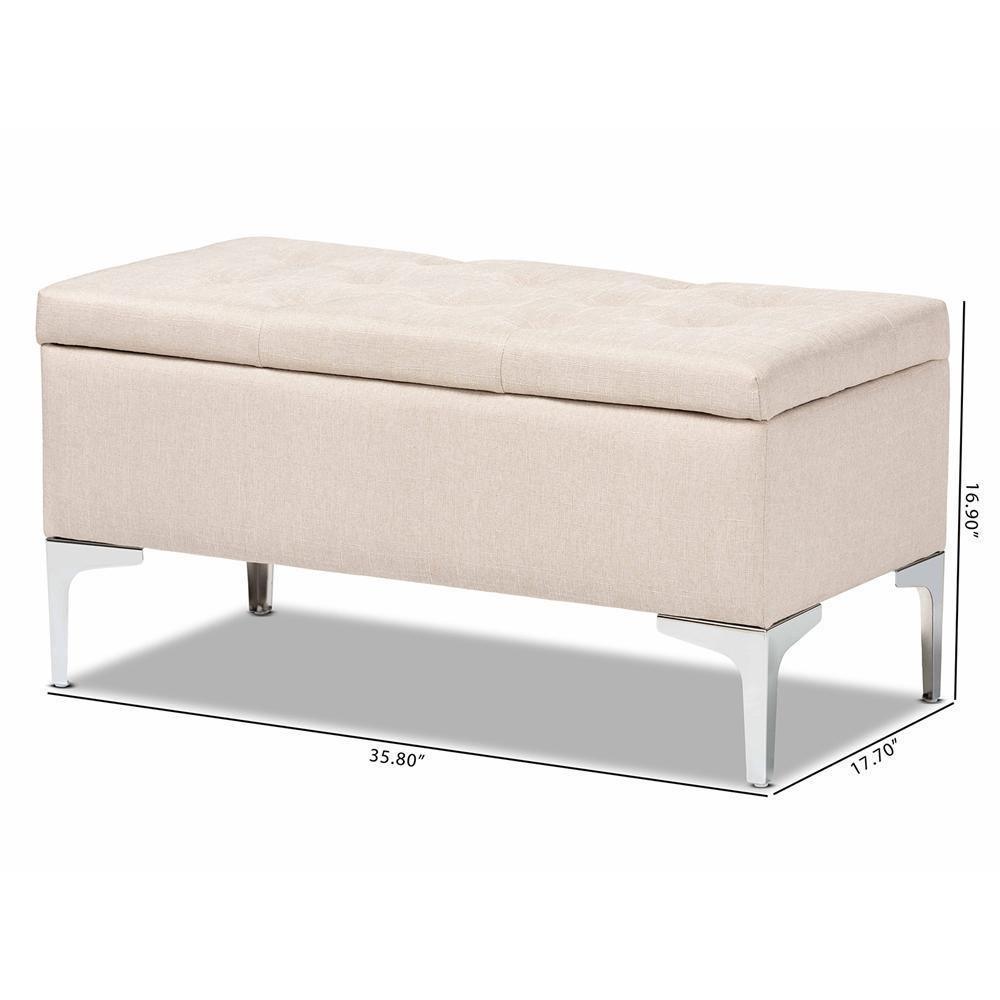 Mabel Modern and Contemporary Transitional Beige Fabric Upholstered and Silver Finished Metal Storage Ottoman FredCo