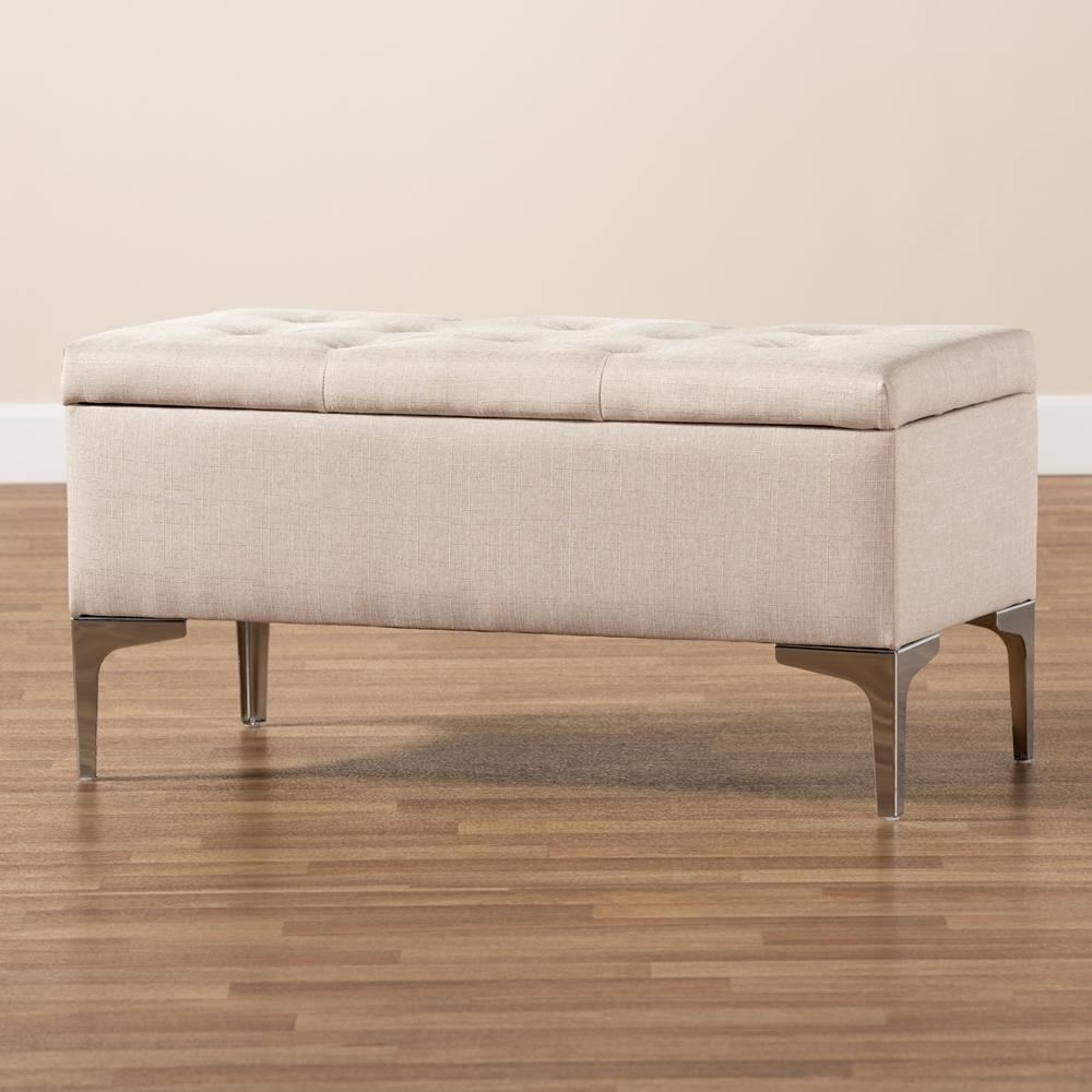 Mabel Modern and Contemporary Transitional Beige Fabric Upholstered and Silver Finished Metal Storage Ottoman FredCo