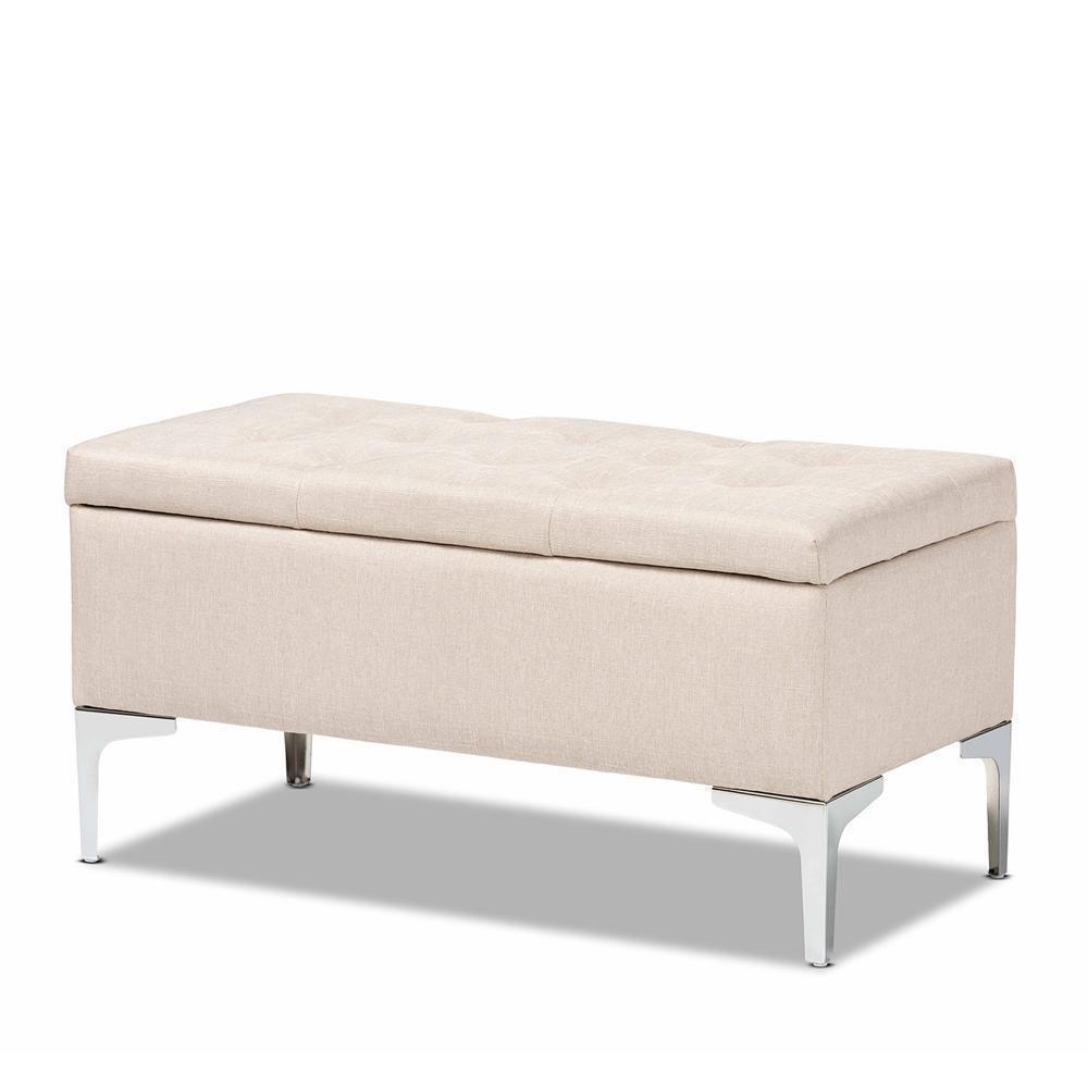 Mabel Modern and Contemporary Transitional Beige Fabric Upholstered and Silver Finished Metal Storage Ottoman FredCo