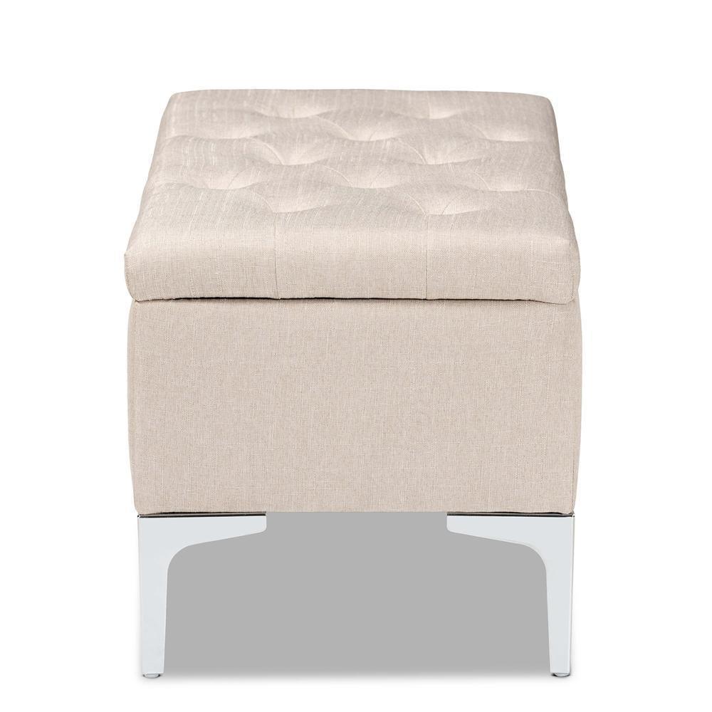 Mabel Modern and Contemporary Transitional Beige Fabric Upholstered and Silver Finished Metal Storage Ottoman FredCo