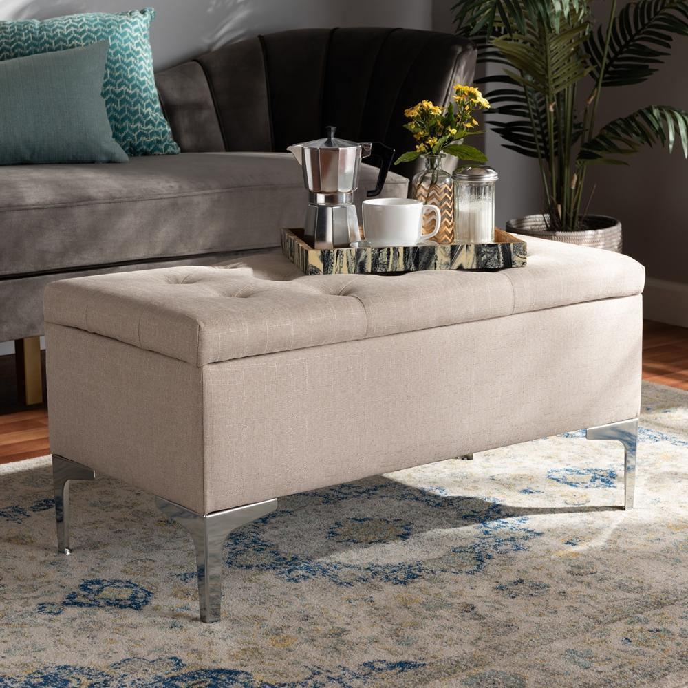 Mabel Modern and Contemporary Transitional Beige Fabric Upholstered and Silver Finished Metal Storage Ottoman FredCo