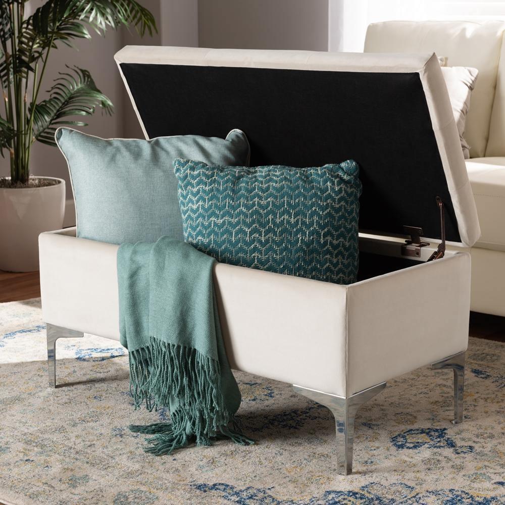 Mabel Modern and Contemporary Transitional Beige Velvet Fabric Upholstered Silver Finished Storage Ottoman FredCo