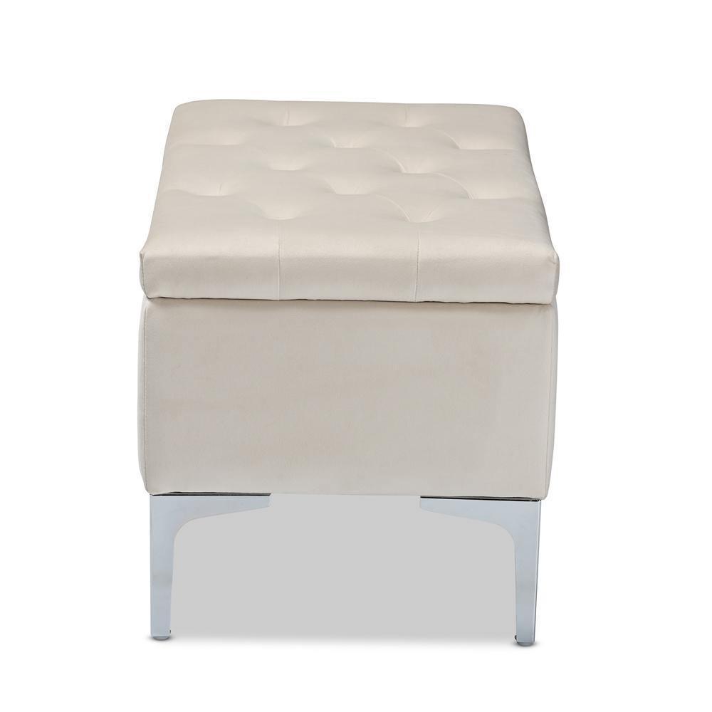 Mabel Modern and Contemporary Transitional Beige Velvet Fabric Upholstered Silver Finished Storage Ottoman FredCo