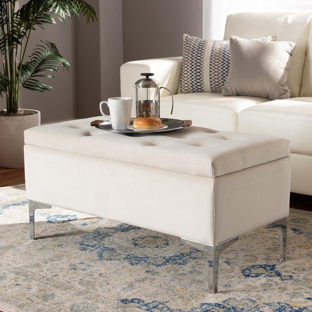 Mabel Modern and Contemporary Transitional Beige Velvet Fabric Upholstered Silver Finished Storage Ottoman FredCo