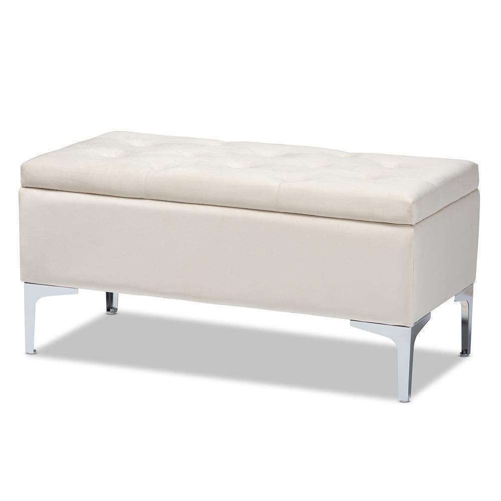 Mabel Modern and Contemporary Transitional Beige Velvet Fabric Upholstered Silver Finished Storage Ottoman FredCo