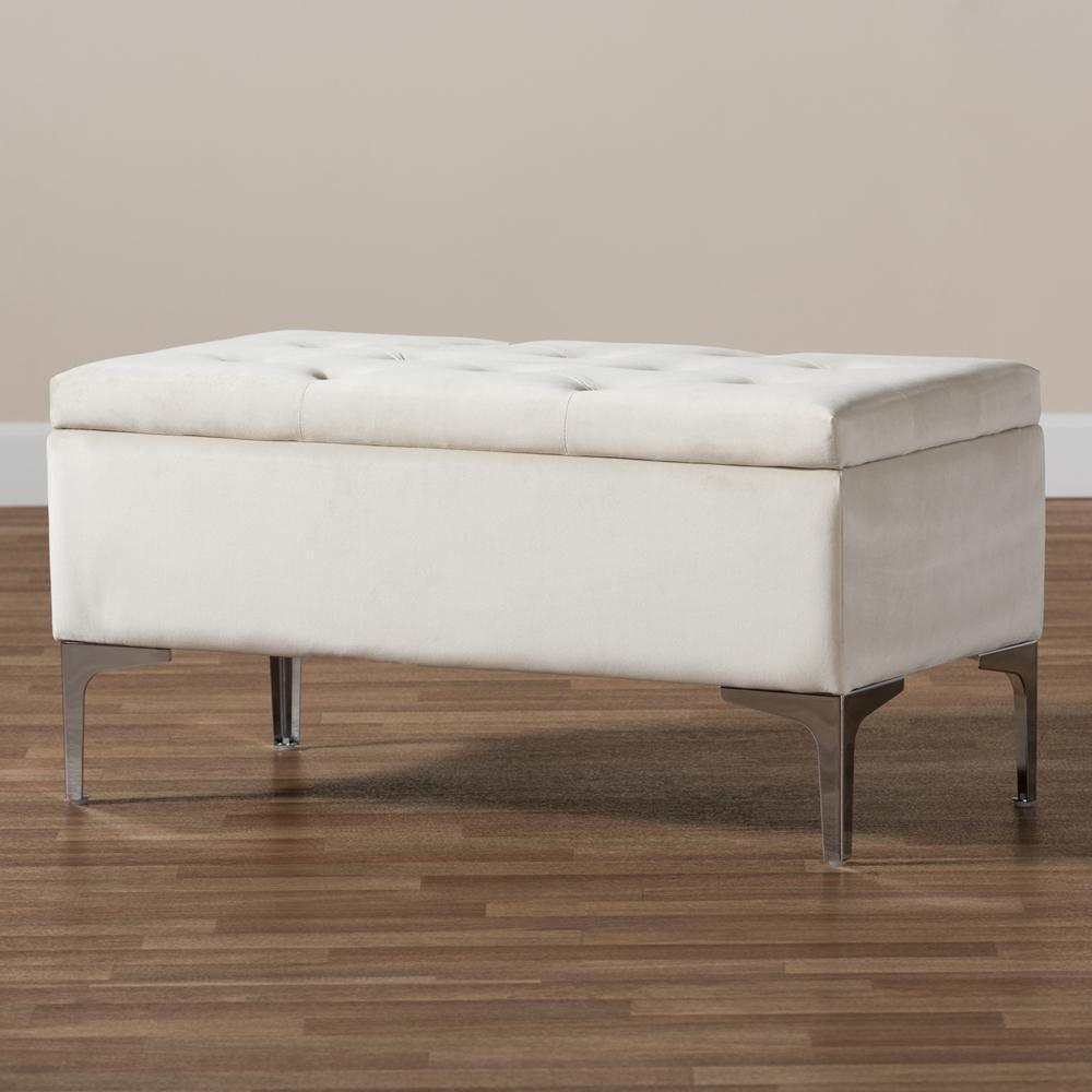 Mabel Modern and Contemporary Transitional Beige Velvet Fabric Upholstered Silver Finished Storage Ottoman FredCo