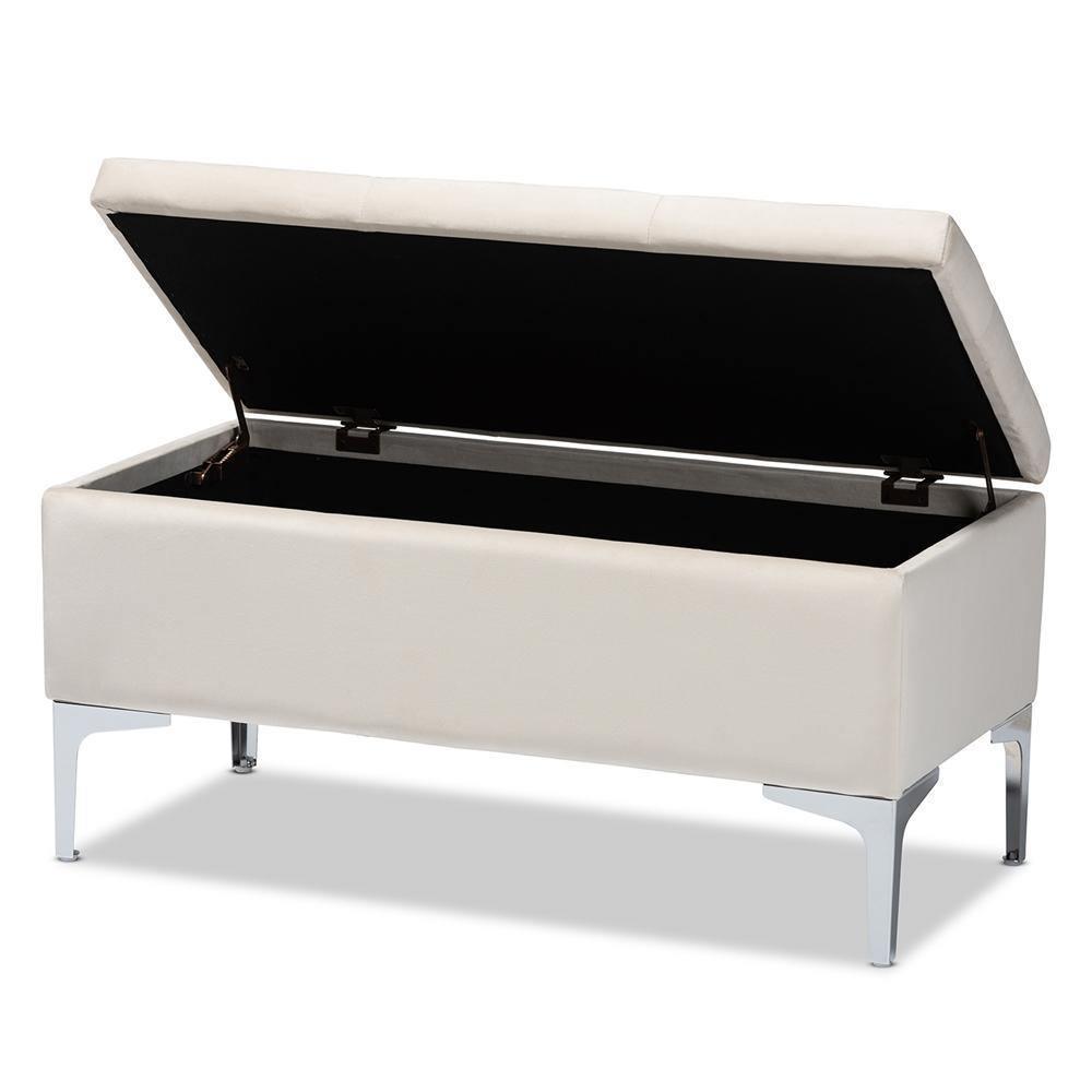 Mabel Modern and Contemporary Transitional Beige Velvet Fabric Upholstered Silver Finished Storage Ottoman FredCo