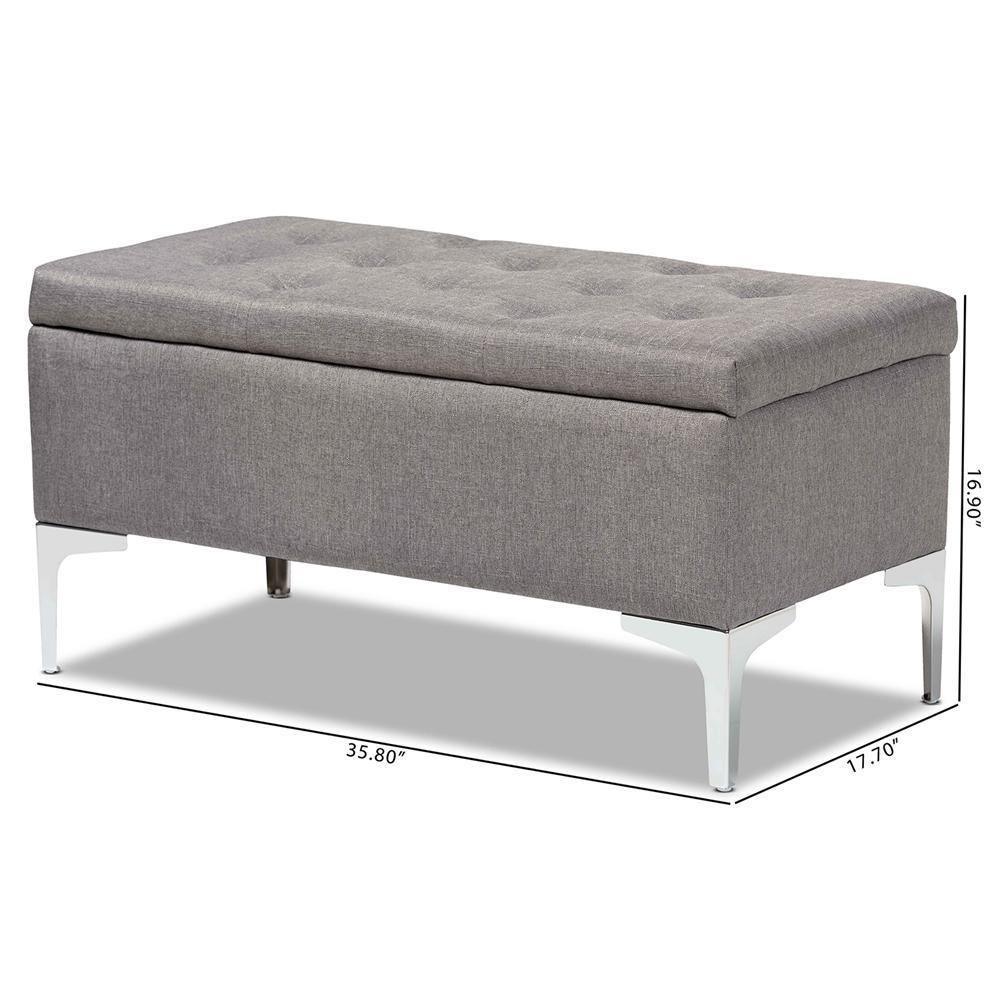 Mabel Modern and Contemporary Transitional Grey Fabric Upholstered and Silver Finished Metal Storage Ottoman FredCo