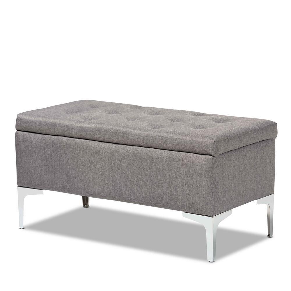 Mabel Modern and Contemporary Transitional Grey Fabric Upholstered and Silver Finished Metal Storage Ottoman FredCo