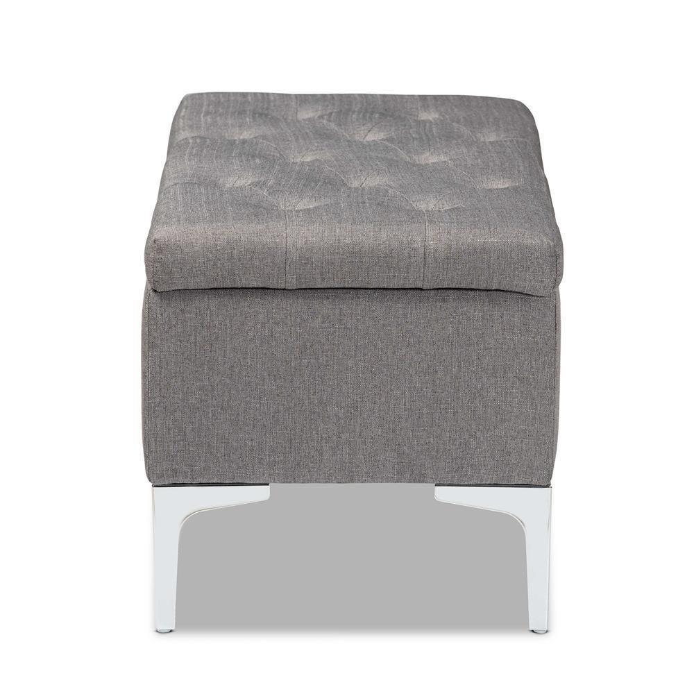 Mabel Modern and Contemporary Transitional Grey Fabric Upholstered and Silver Finished Metal Storage Ottoman FredCo