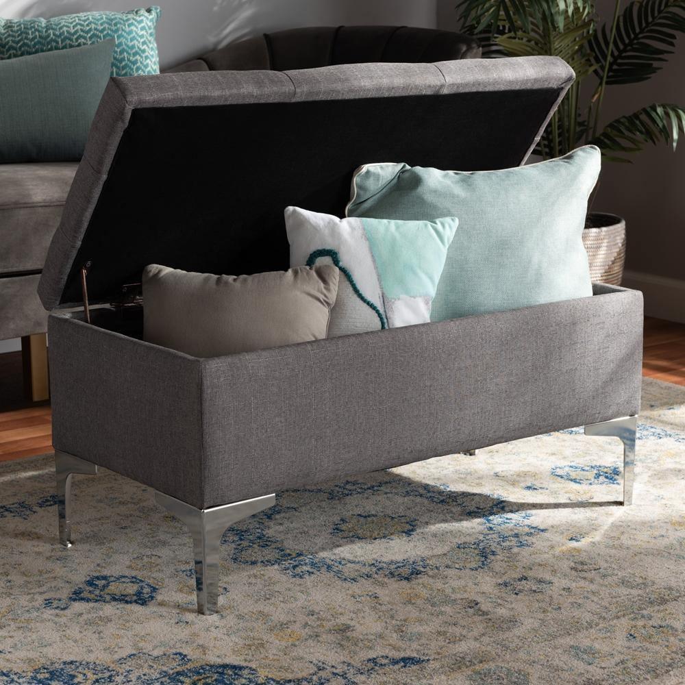Mabel Modern and Contemporary Transitional Grey Fabric Upholstered and Silver Finished Metal Storage Ottoman FredCo