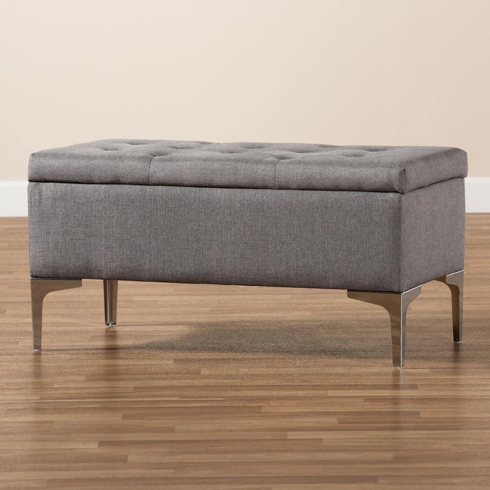 Mabel Modern and Contemporary Transitional Grey Fabric Upholstered and Silver Finished Metal Storage Ottoman FredCo