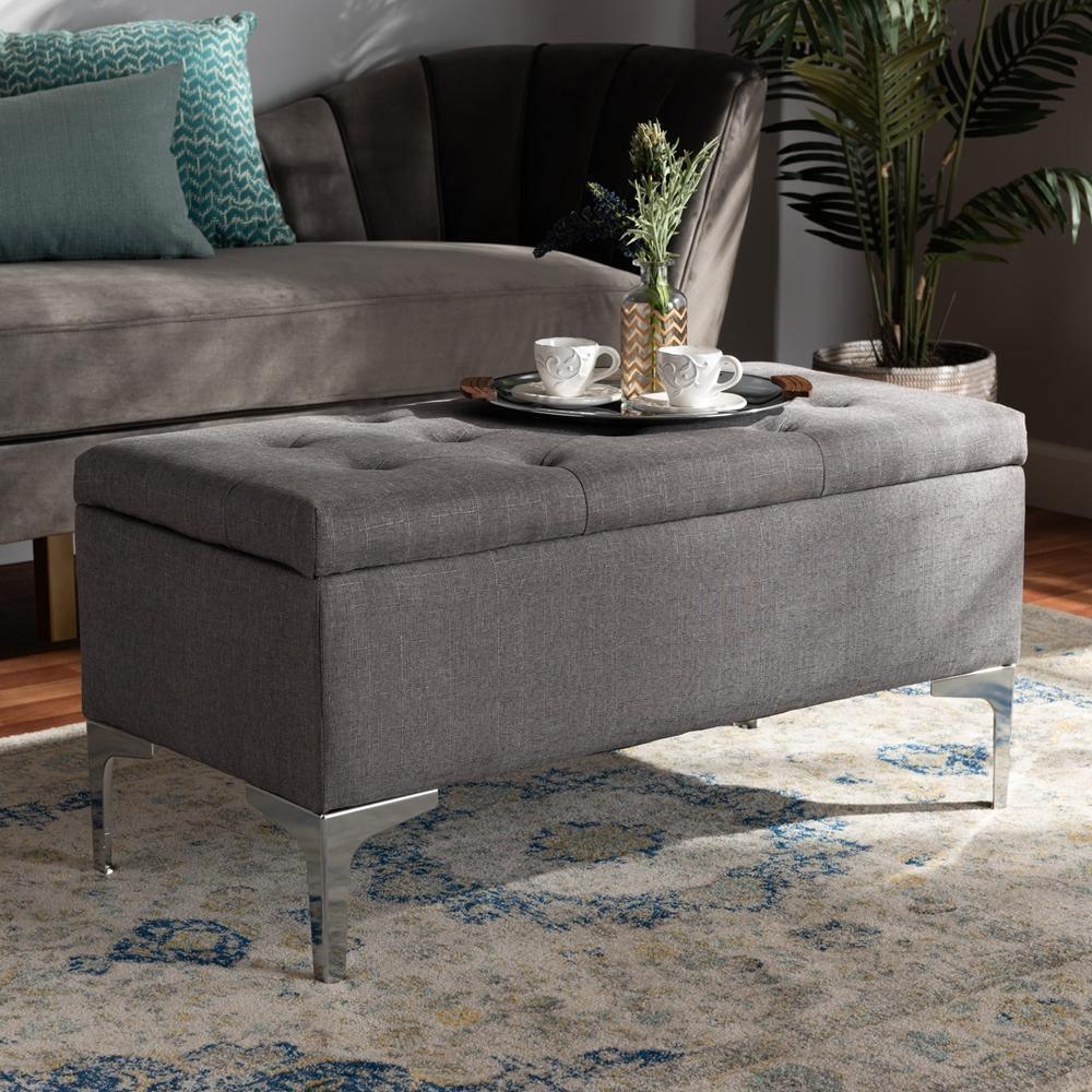 Mabel Modern and Contemporary Transitional Grey Fabric Upholstered and Silver Finished Metal Storage Ottoman FredCo