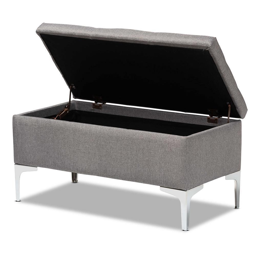 Mabel Modern and Contemporary Transitional Grey Fabric Upholstered and Silver Finished Metal Storage Ottoman FredCo