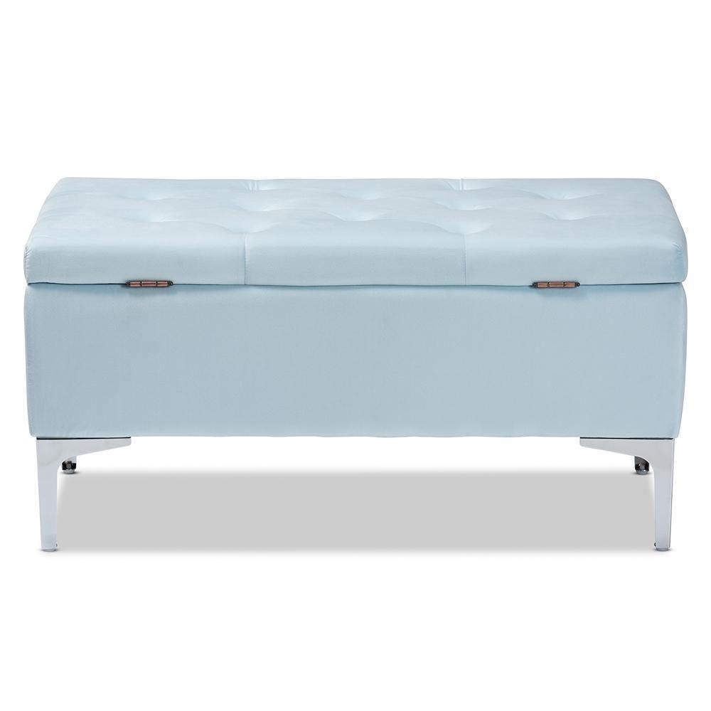 Mabel Modern and Contemporary Transitional Light Blue Velvet Fabric Upholstered Silver Finished Storage Ottoman FredCo