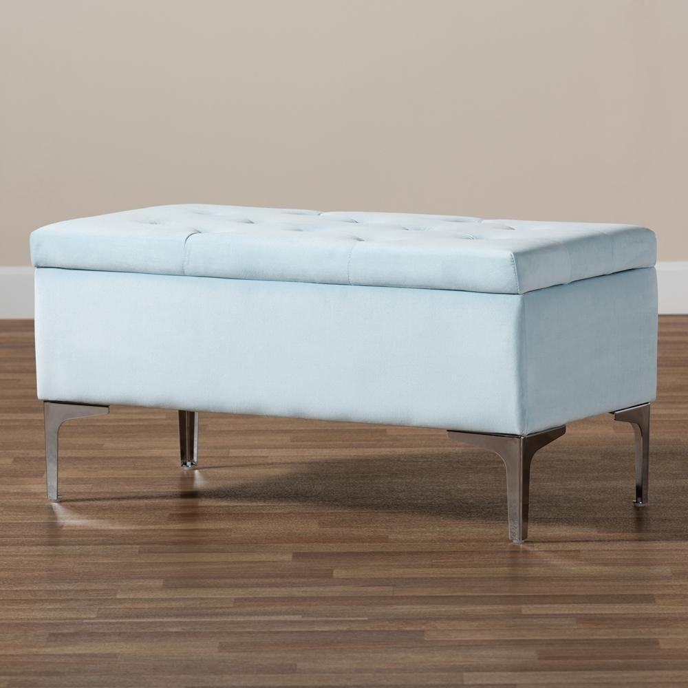 Mabel Modern and Contemporary Transitional Light Blue Velvet Fabric Upholstered Silver Finished Storage Ottoman FredCo