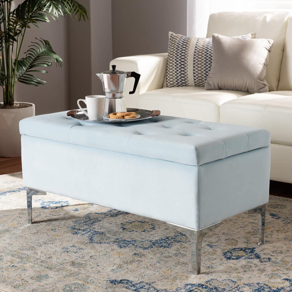 Mabel Modern and Contemporary Transitional Light Blue Velvet Fabric Upholstered Silver Finished Storage Ottoman FredCo