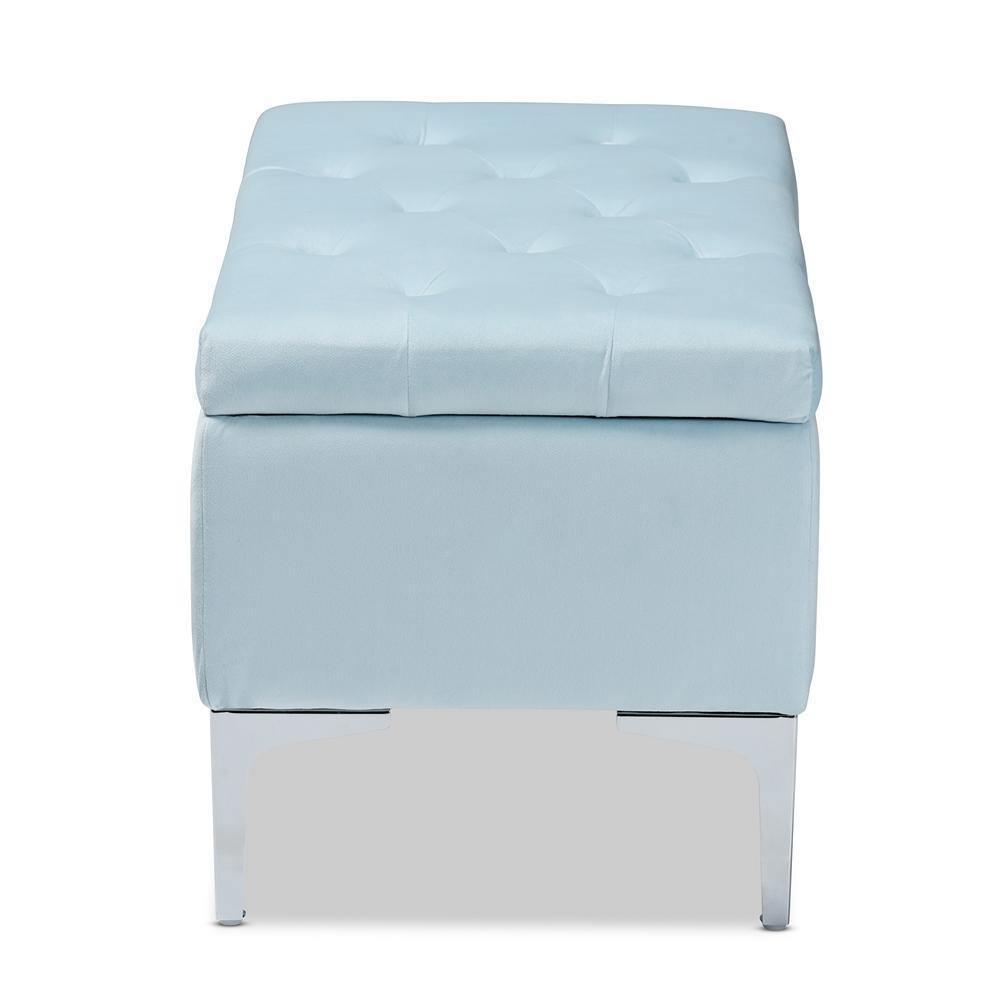 Mabel Modern and Contemporary Transitional Light Blue Velvet Fabric Upholstered Silver Finished Storage Ottoman FredCo