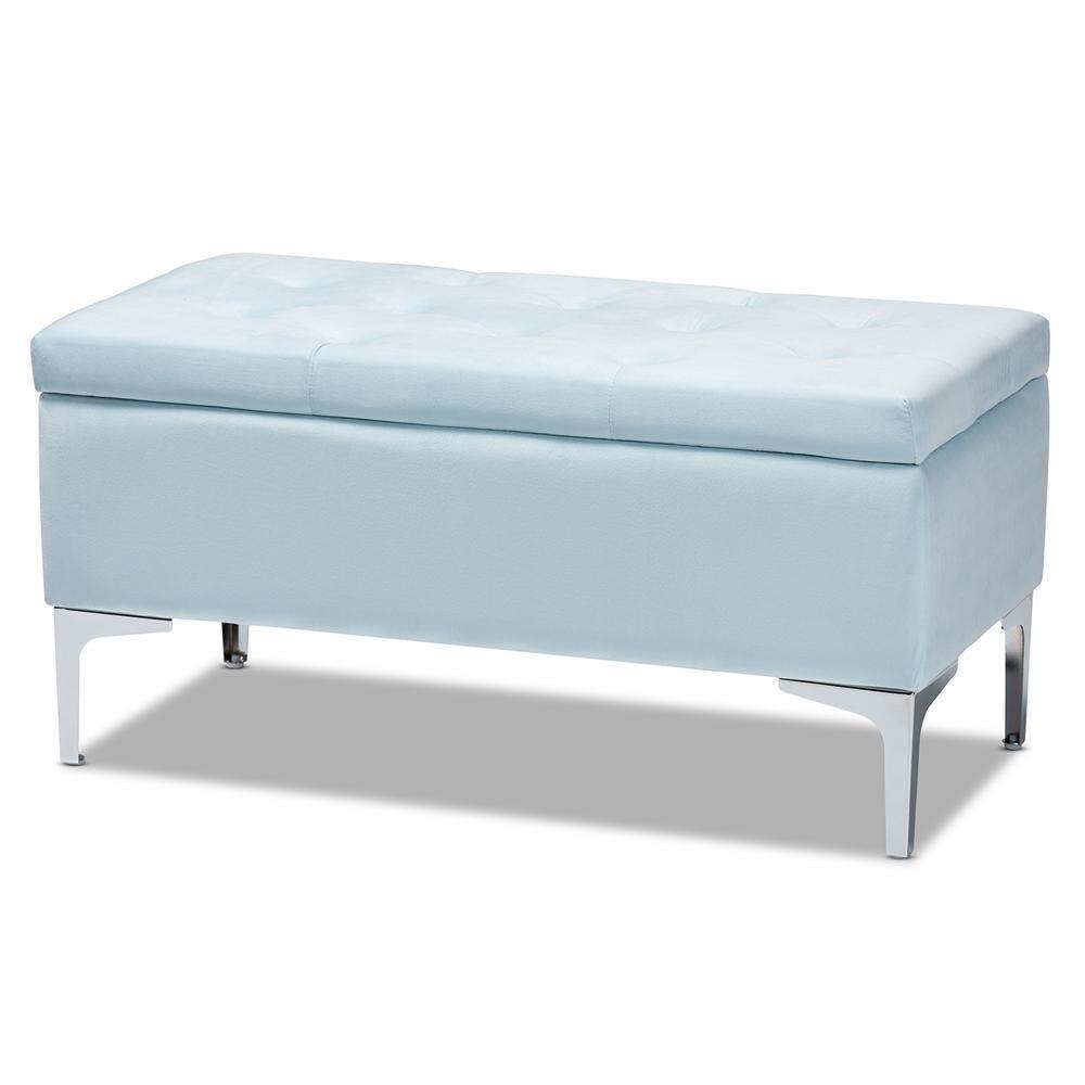 Mabel Modern and Contemporary Transitional Light Blue Velvet Fabric Upholstered Silver Finished Storage Ottoman FredCo