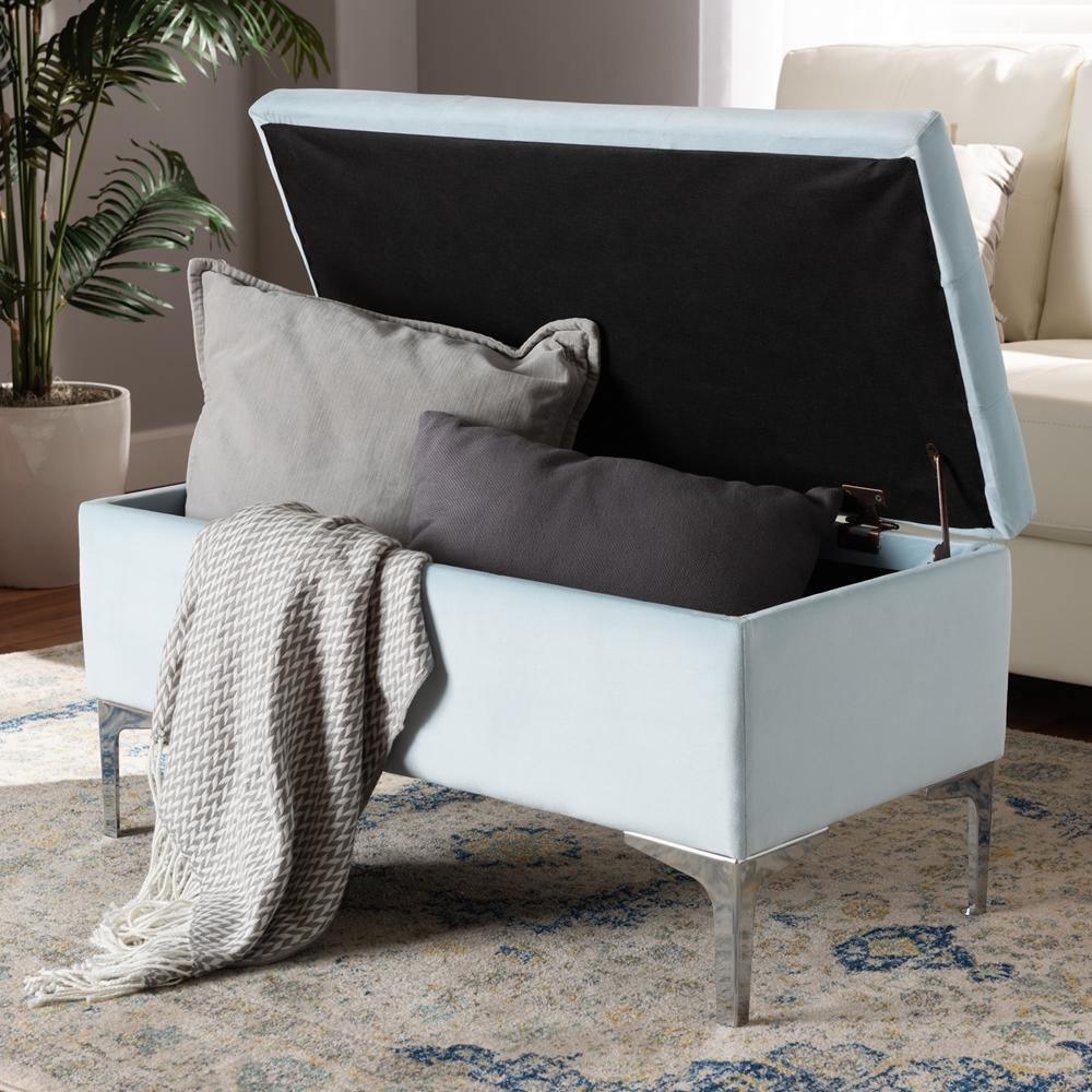 Mabel Modern and Contemporary Transitional Light Blue Velvet Fabric Upholstered Silver Finished Storage Ottoman FredCo