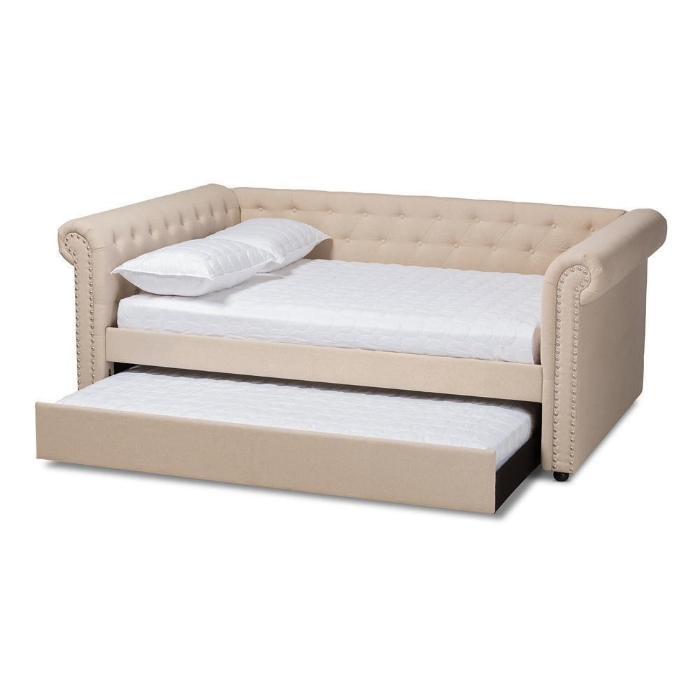 Mabelle Modern and Contemporary Beige Fabric Upholstered Queen Size Daybed with Trundle FredCo