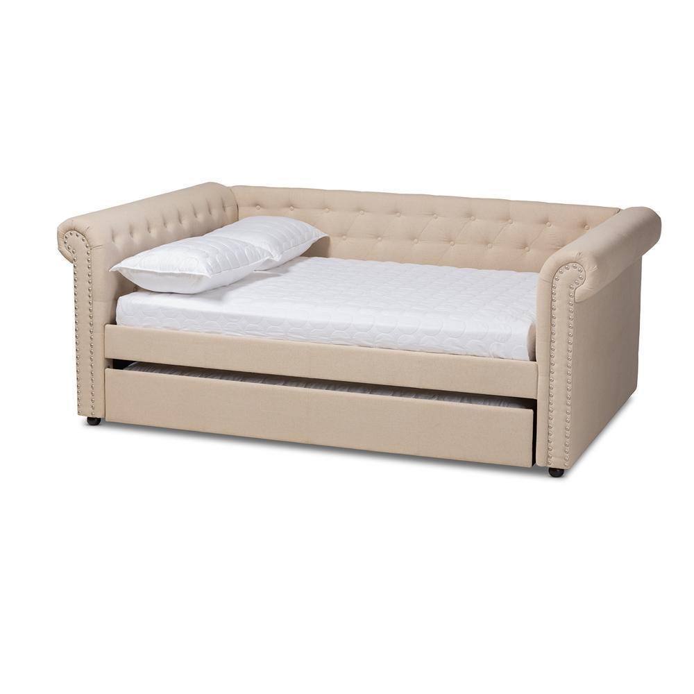 Mabelle Modern and Contemporary Beige Fabric Upholstered Queen Size Daybed with Trundle FredCo