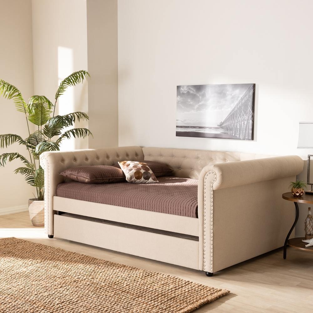 Mabelle Modern and Contemporary Beige Fabric Upholstered Queen Size Daybed with Trundle FredCo