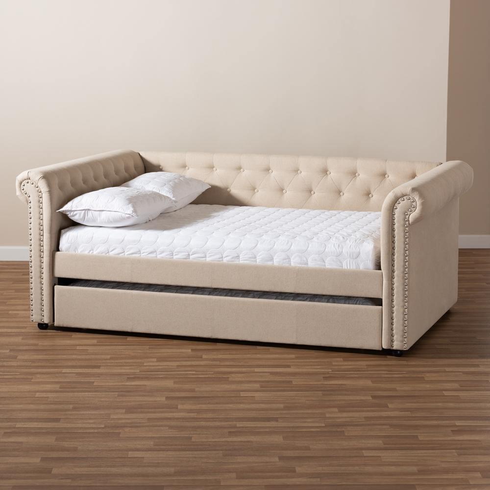 Mabelle Modern and Contemporary Beige Fabric Upholstered Queen Size Daybed with Trundle FredCo
