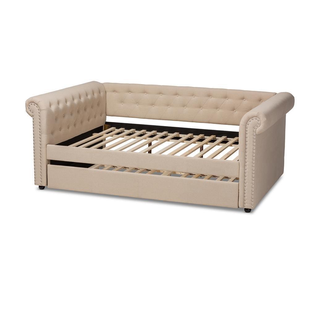 Mabelle Modern and Contemporary Beige Fabric Upholstered Queen Size Daybed with Trundle FredCo