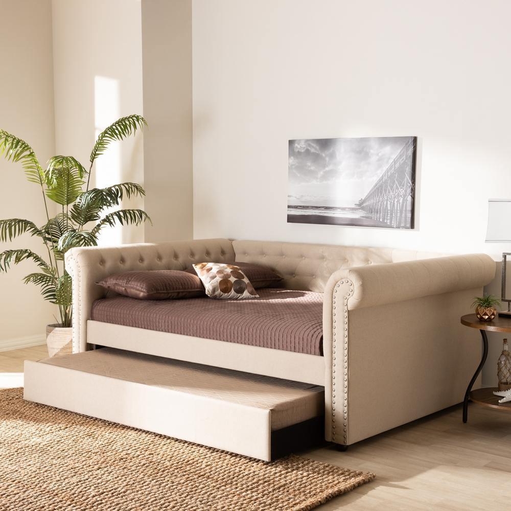 Mabelle Modern and Contemporary Beige Fabric Upholstered Queen Size Daybed with Trundle FredCo