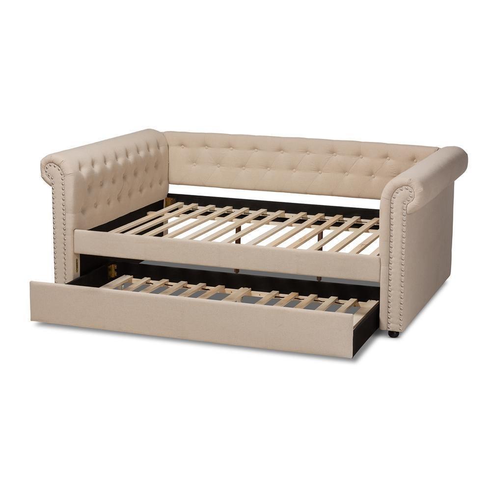 Mabelle Modern and Contemporary Beige Fabric Upholstered Queen Size Daybed with Trundle FredCo