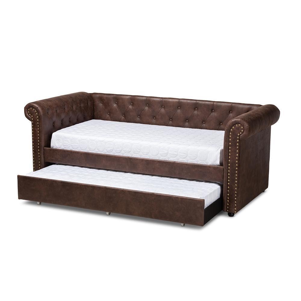 Mabelle Modern and Contemporary Brown Faux Leather Upholstered Daybed with Trundle FredCo