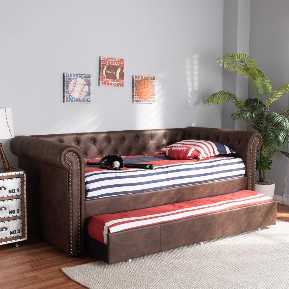 Mabelle Modern and Contemporary Brown Faux Leather Upholstered Daybed with Trundle FredCo