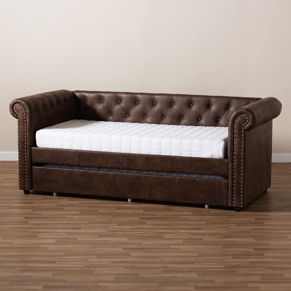 Mabelle Modern and Contemporary Brown Faux Leather Upholstered Daybed with Trundle FredCo